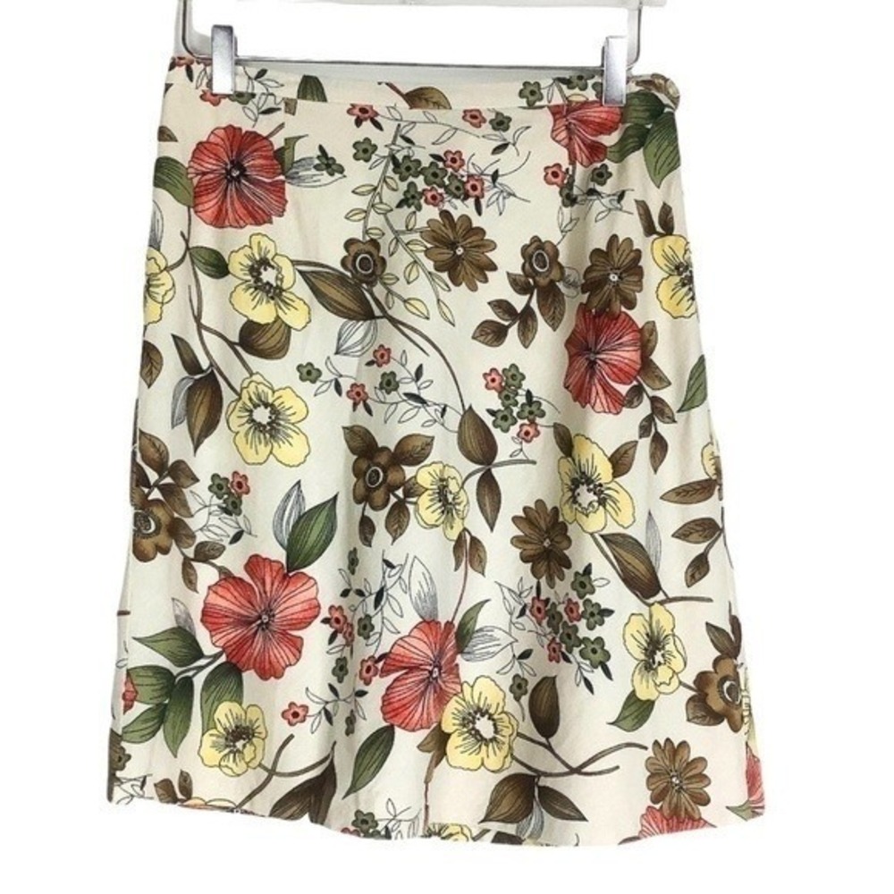 Vintage Women's A-Line Floral‎ Skirt Linen Blend Beige Red Yellow Green Size 10